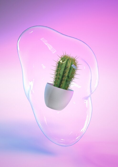 Sticker  3D render of Cactus plant with soap bubble and blue and pink neon background. Contemporary style. Iridescent colors.