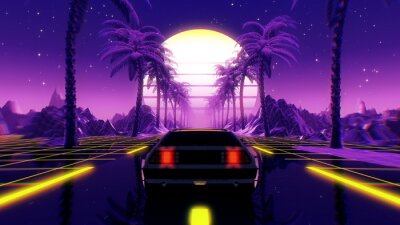 Sticker  80s retro futuristic sci-fi 3D illustration with vintage car. Riding in retrowave VJ videogame landscape, neon lights and low poly grid. Stylized cyberpunk vaporwave background. 4K