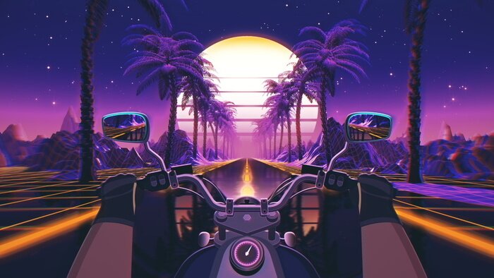 Sticker  80s retro futuristic sci-fi background with motorcycle pov. Riding in retrowave VJ videogame landscape, neon lights and low poly grid. Stylized biker vintage vaporwave 3D animation background. 4K