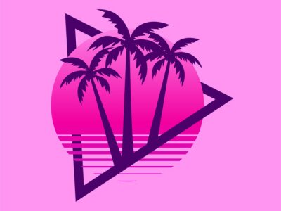 Sticker  80s retro sci-fi palm trees on a sunset. Retro futuristic sun with palm trees. Summer time. Synthwave and retrowave style. Vector illustration