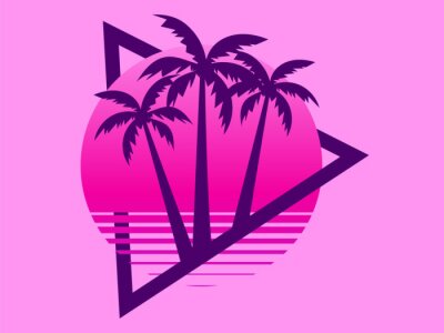 Sticker  80s retro sci-fi palm trees on a sunset. Retro futuristic sun with palm trees. Summer time. Synthwave and retrowave style. Vector illustration
