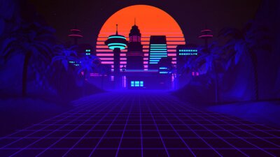 Sticker  80s Retro Synthwave Background 3D Illustration