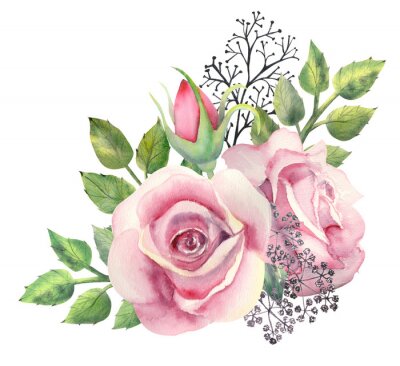 Sticker  A bouquet of pink rose flowers, green leaves, red berries, decorative twigs on a white isolated background. Flower poster, invitation. Watercolor composition for decorating greeting cards or