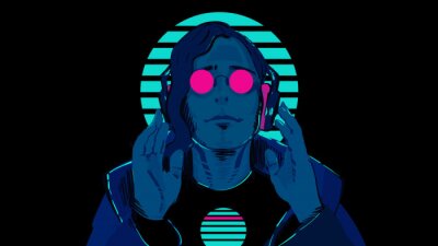 Sticker  A guy with blue skin in pink, round glasses against a striped neon circle is listening to music in stereo headphones. Illustration of a sci-fi retro wave 80's on a black background.