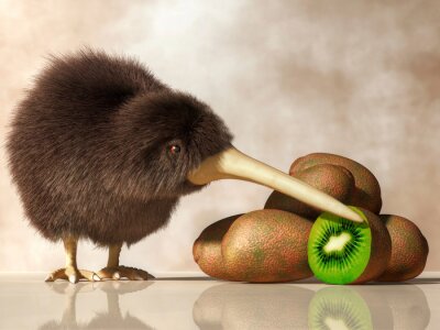 Sticker  A Kiwi bird stands next to a pile of kiwifruit.  Both the animal and the fruit are natives of New Zealand. 3D illustration
