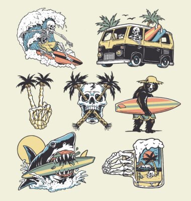 Sticker  A set of edgy surf and beach illustrations. For t-shirts, stickers and other similar products.