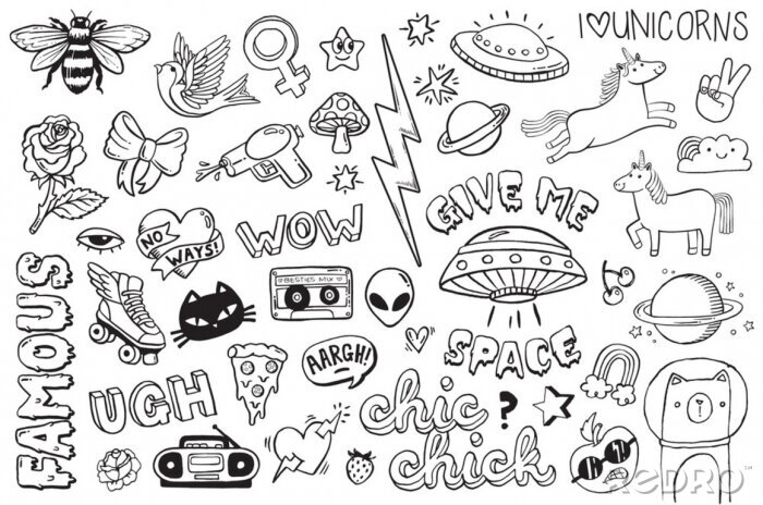 Sticker  A set of teen culture graffiti doodles suitable for decoration, badges, stickers or embroidery. Vector illustrations.
