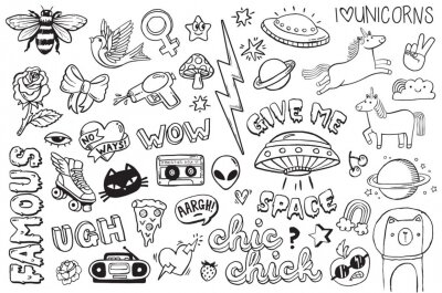Sticker  A set of teen culture graffiti doodles suitable for decoration, badges, stickers or embroidery. Vector illustrations.