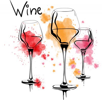 Sticker  A set of vector and watercolor drawings of glass of rose, red, and white wine with splashes of paint, on white background