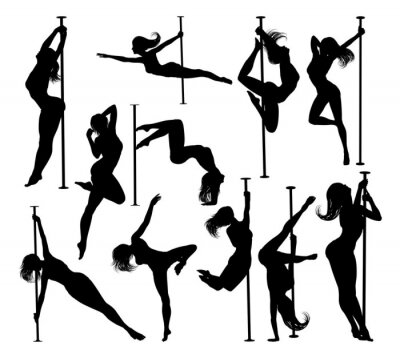Sticker  A set of women pole dancing exercising for fitness in silhouette