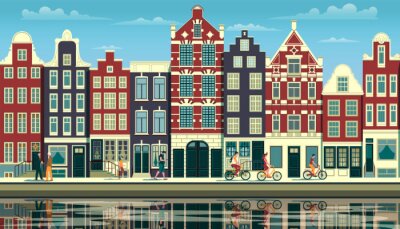 Sticker  A street in Amsterdam with traditional buildings, walking people and reflections in the water