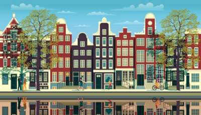Sticker  A street in Amsterdam with traditional buildings, walking people, trees and reflections in the water