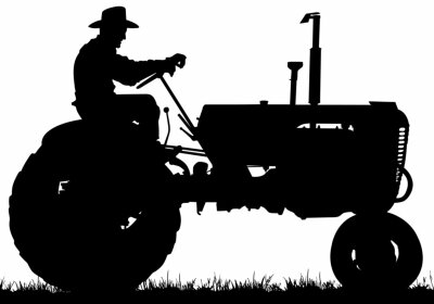 Sticker  A vector silhouette of an old farmer driving an old tractor.
