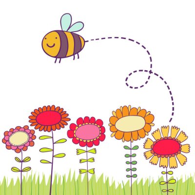 Sticker  Abeille volant au-dessus de fleurs illustration pour enfants