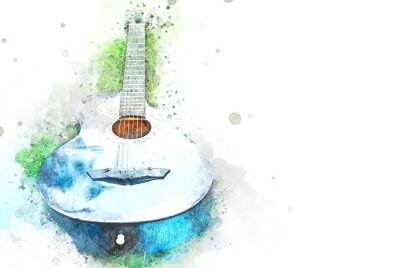 Abstract acoustic guitar on green grass on watercolor illustration painting background.
