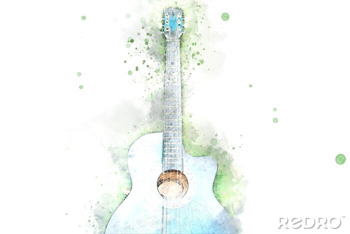 Sticker  Abstract acoustic guitar on green grass on watercolor illustration painting background.