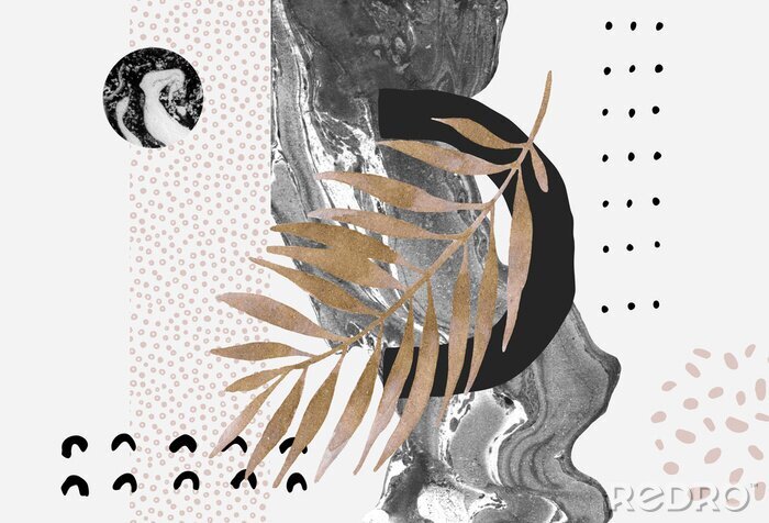 Sticker  Abstract background: dynamic marbling flow, minimal shapes, glossy golden tropical leaf