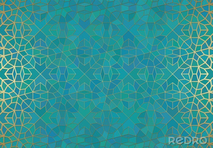 Sticker  Abstract background with islamic ornament, arabic geometric texture. Golden lined tiled motif.