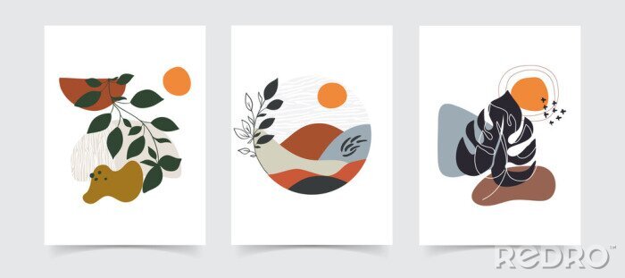 Sticker  Abstract boho floral line art vector leaves background.