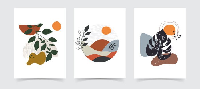 Sticker  Abstract boho floral line art vector leaves background.