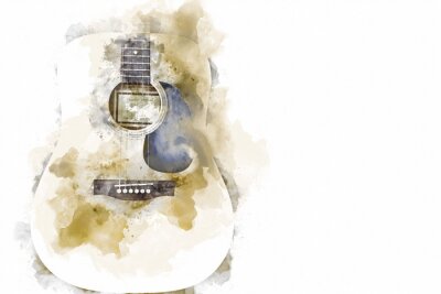 Sticker  Abstract colorful acoustic guitar on watercolor illustration painting background.