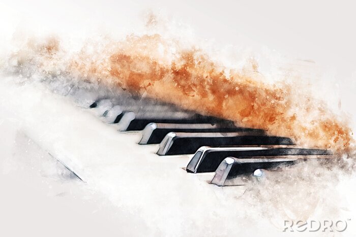 Sticker  Abstract colorful piano keyboard on watercolor illustration painting background.