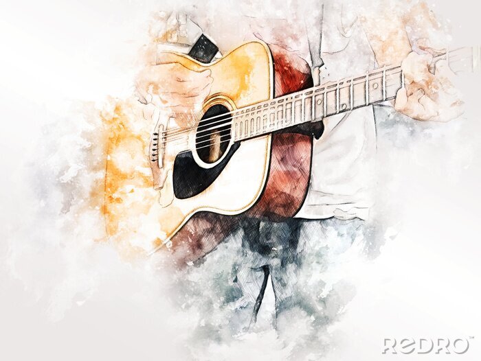 Sticker  Abstract colorful shape on playing acoustic guitar on watercolor illustration painting background.