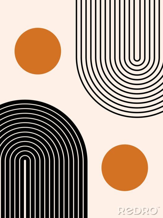 Sticker  Abstract contemporary aesthetic background with geometric balance shapes, two rainbow and sun circles. Boho wall decor. Mid century modern minimalist print. Neutral Geometric art. Organic shape.