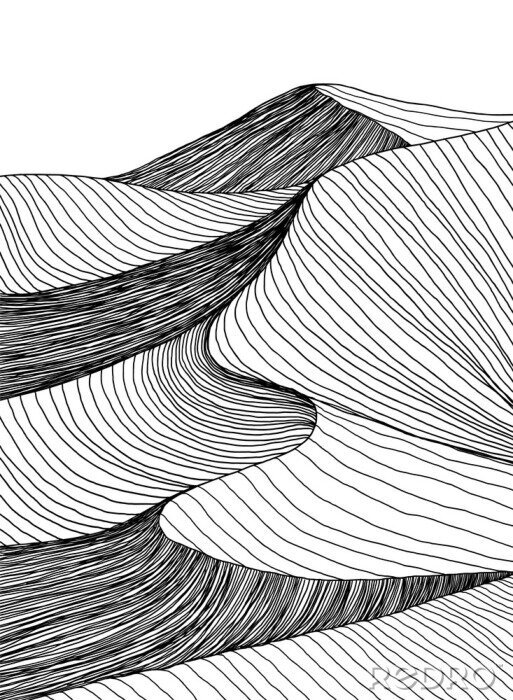 Sticker  Abstract desert sahara landscape. Line art hand drawn illustration. Desert landscape view. Sand dunes line drawing vector. Black and white mountain view, summer poster design. Summer holidays art work