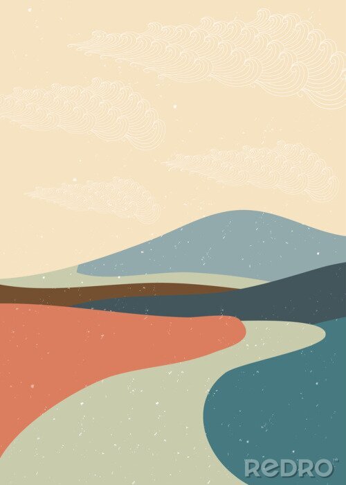 Sticker  Abstract mountain landscape poster. Geometric landscape background in asian japanese style. vector illustration