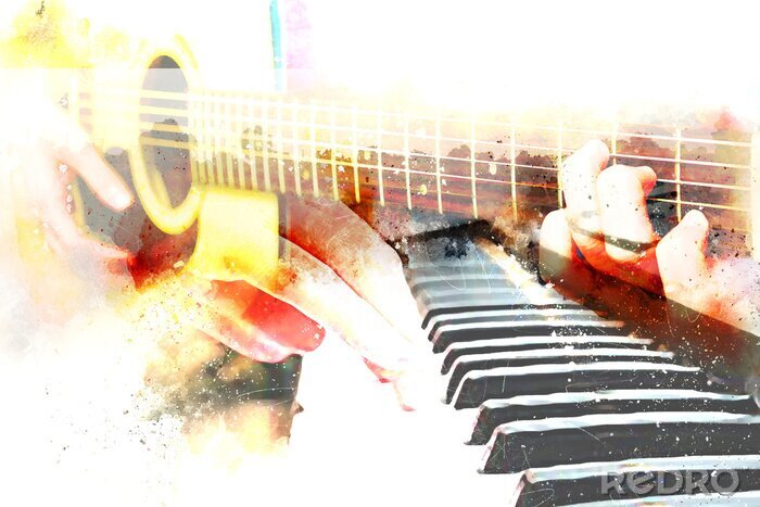Sticker  Abstrait beau jeu de guitare acoustique et piano sur fond de peinture aquarelle et illustration numérique brosse à art.