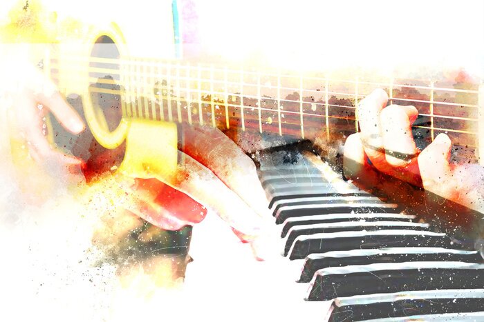 Sticker  Abstrait beau jeu de guitare acoustique et piano sur fond de peinture aquarelle et illustration numérique brosse à art.