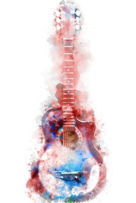 Abstrait bleu guitare acoustique au premier plan gros plan sur fond de peinture aquarelle