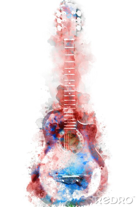Sticker  Abstrait bleu guitare acoustique au premier plan gros plan sur fond de peinture aquarelle