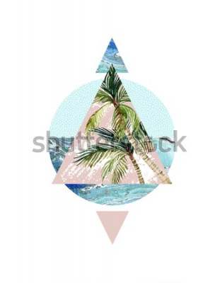 Sticker  Abstrait l'été. Triangle, cercle, palmier aquarelle, feuille, textures grunge de marbre. Conception géométrique pour t-shirt, flyer, affiche rétro 80s et 90s. Illustration de plage d'été peint