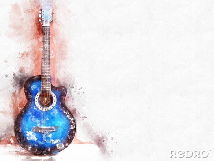 Sticker  Abstraite belle guitare acoustique au premier plan sur fond de peinture aquarelle et illustration numérique brosse à art.