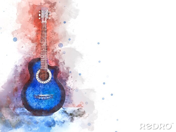 Sticker  Abstraite belle guitare acoustique au premier plan sur fond de peinture aquarelle et illustration numérique brosse à art.