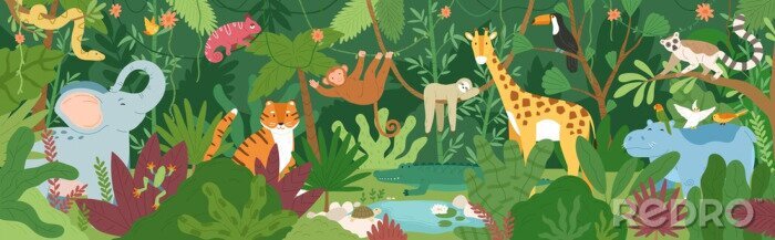 Sticker  Adorable exotic animals in tropical forest or rainforest full of palm trees and lianas. Flora and fauna of tropics. Cute funny inhabitants of African jungle. Flat cartoon colorful vector illustration.