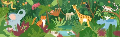 Sticker  Adorable exotic animals in tropical forest or rainforest full of palm trees and lianas. Flora and fauna of tropics. Cute funny inhabitants of African jungle. Flat cartoon colorful vector illustration.