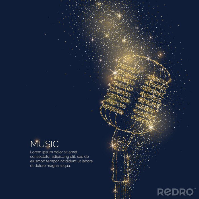 Sticker  Affiche de musique lumineuse avec un microphone de lieu de paillettes pour le texte. Illustration vectorielle