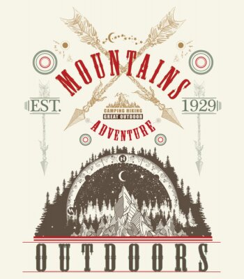 Sticker  Affiche en plein air. Art de tatouage des montagnes, conception de t-shirt. Montagnes, voyages symboliques, tourisme, sports extrêmes et escalade, style tribal montagnard