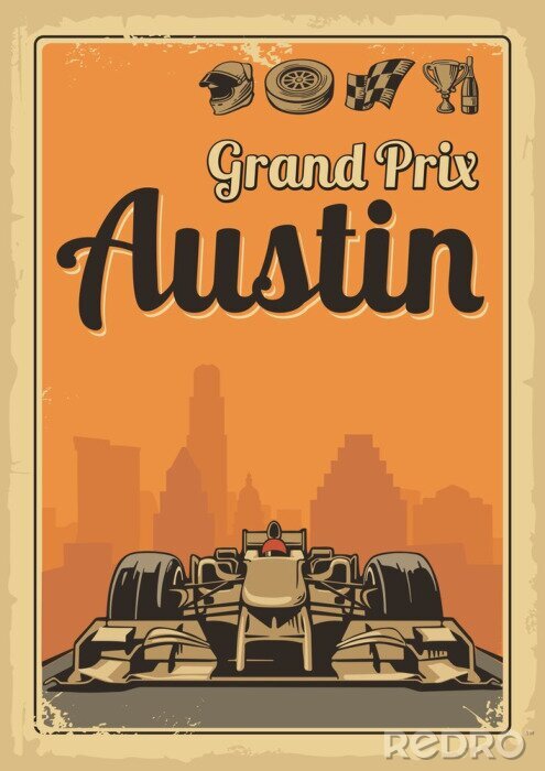 Sticker  Affiche vintage Grand Prix Austin. Set symboles F1 - voiture de course sportive, tasse, casque, drapeau de finition, roue, champagne. Vecteur, Illustration, affiche, logotype, toile, vieux, papier, te