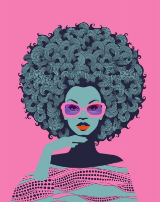 Sticker  Afro American woman art portrait with pink sunglasses. Mid century modern retro style. Eps10 vector