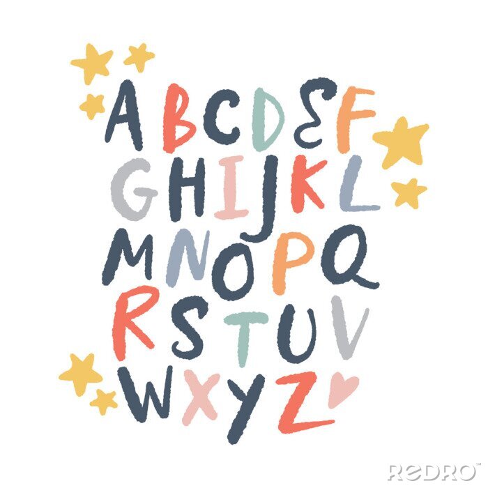 Sticker  Alphabet multicolore avec des étoiles et des coeurs
