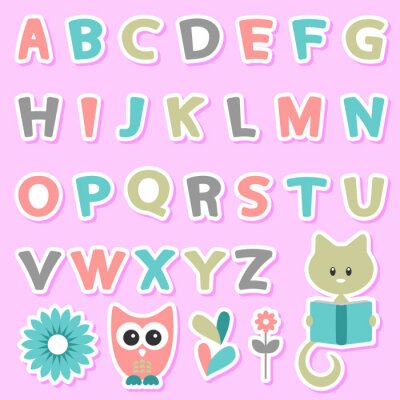 Sticker  Alphabet pour enfants avec chat et hibou