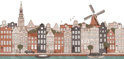 Amsterdam, Pays-Bas - seamless, bannière, Amsterdam, Horizon, main, dessiné ...