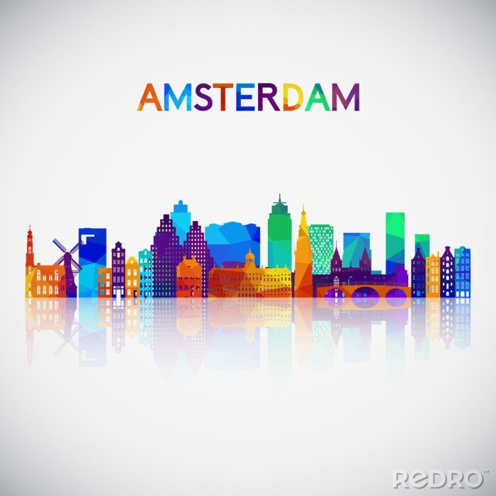 Sticker  Amsterdam skyline silhouette dans un style géométrique coloré. Symbole pour votre conception. Illustration vectorielle.