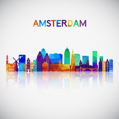 Sticker  Amsterdam skyline silhouette dans un style géométrique coloré. Symbole pour votre conception. Illustration vectorielle.