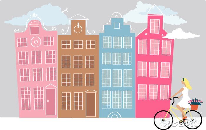Sticker  Amsterdam street with a young woman riding bicycle, EPS 8 vector illustration