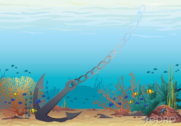 Sticker  Anchor and coral reef. Underwater vector.